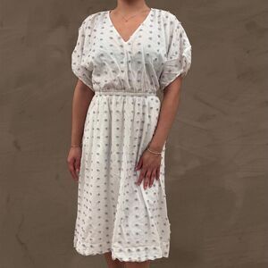 lou & grey white pom pom polka dot v neck midi dress size XS